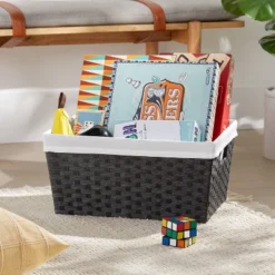 New Products 17 17" X 12" X 8" Large Woven Lined Basket Black - Brightroom™