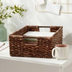 Woven Abaca Folio Bin - Brightroom™: Handwoven Brown Storage Basket, Rectangle, Lacquered Finish, Ethical Handcraft