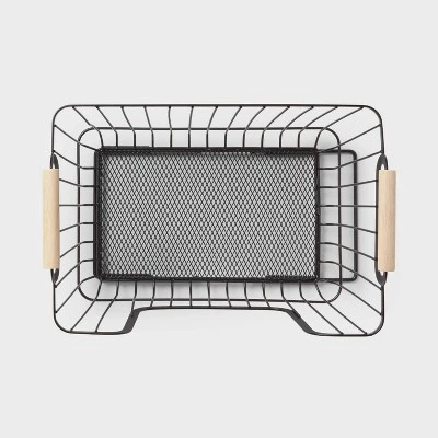 Metal Stackable Wire Pantry Basket With Rubber Wood Handle Black - Brightroom™: Kitchen Storage Organizer, 9"x13.5" 2 Metal Stackable Wire Pantry Basket With Rubber Wood Handle Black - Brightroom™: Kitchen Storage Organizer, 9"x13.5" - Image 2