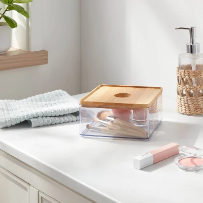 Small Clear Canister With Bamboo Lid - Brightroom™: Bathroom Container, Qtip Holder, Spot Clean, 3" Height 1 Small Clear Canister With Bamboo Lid - Brightroom™: Bathroom Container, Qtip Holder, Spot Clean, 3" Height