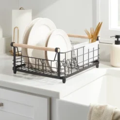 Metal Dish Rack With Powder Coated Finish And Rubber Wood Handles Black - Brightroom™: Freestanding Dish Drying Rack