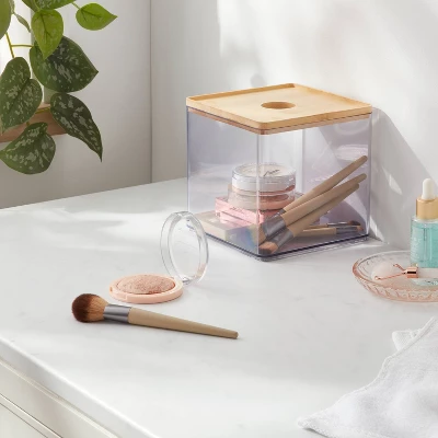 Clear Canister Large With Bamboo Lid - Brightroom™: Bathroom Container With Lid, Qtip Holder, 6"x6"x6" Plastic 1 Clear Canister Large With Bamboo Lid - Brightroom™: Bathroom Container With Lid, Qtip Holder, 6"x6"x6" Plastic