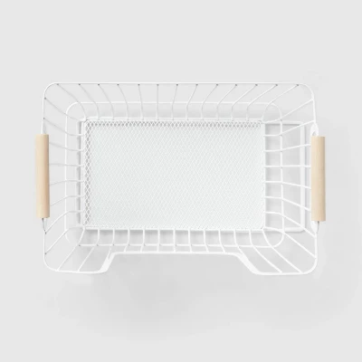 Metal Stackable Wire Pantry Basket With Rubber Wood Handle White - Brightroom™: Kitchen Storage Organizer, 9"x13.5" 2 Metal Stackable Wire Pantry Basket With Rubber Wood Handle White - Brightroom™: Kitchen Storage Organizer, 9"x13.5" - Image 2