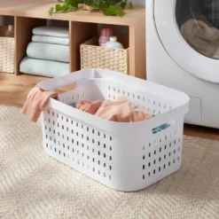 1.5bu Rectangle Modern Laundry Basket - Brightroom™: White Plastic Clothes Basket With Built-In Handles, Medium Size