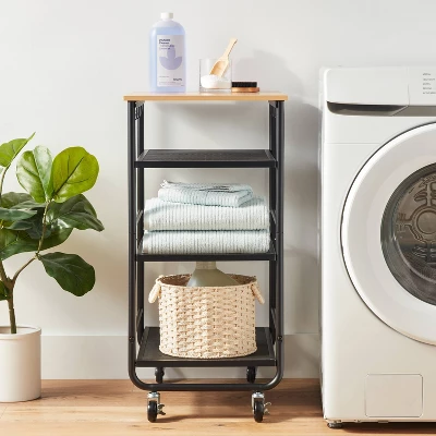 Narrow Metal Storage Cart With Wood Top Black - Brightroom™: Rolling Utility Cart With Casters & Fixed Shelves 1 Narrow Metal Storage Cart With Wood Top Black - Brightroom™: Rolling Utility Cart With Casters & Fixed Shelves