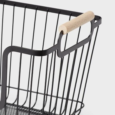 Metal Stackable Wire Pantry Basket With Rubber Wood Handle Black - Brightroom™: Kitchen Storage Organizer, 9"x13.5" 3 Metal Stackable Wire Pantry Basket With Rubber Wood Handle Black - Brightroom™: Kitchen Storage Organizer, 9"x13.5" - Image 3