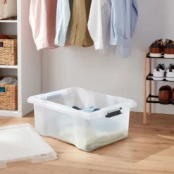 Medium Frosted Latching Storage Box - Brightroom™: Stackable Polypropylene Tote With Lid, 48L Capacity